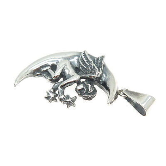 925 Sterling Silver Vintage Crescent & Angel Oxidized Pendant - Picture 5 of 7